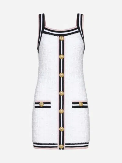 Balmain Buttoned Maze Monogram Short Dress In White