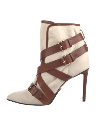 Pre-owned Balmain Canvas Leather Trim Embellishment Boots In Neutrals