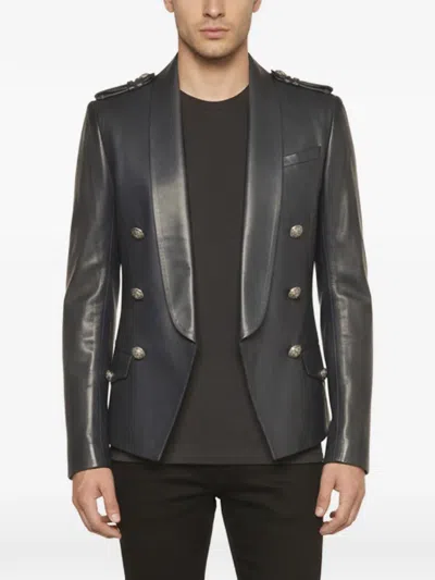 Pre-owned Balmain Double-breasted Leather Jacket In Blue