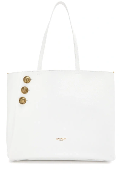 Balmain Emblem Leather Tote In White