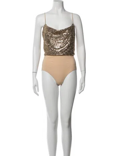 Pre-owned Balmain Graphic Print Scoop Neck Bodysuit In Gold/metallic