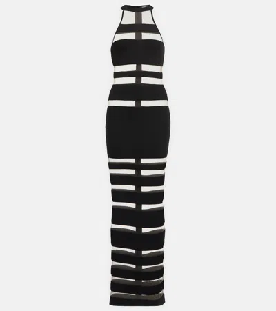 Balmain Halterneck Mesh-paneled Gown In Noir