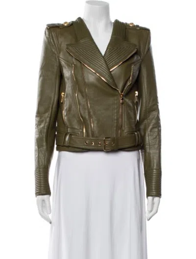 Pre-owned Balmain Lambskin Biker Jacket In Green