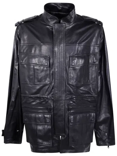 Balmain Lambskin Leather Mid Length Parka In Black