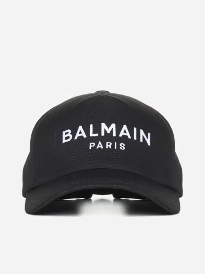 Balmain Logo Cotton Baseball Cap In Noir/blanc
