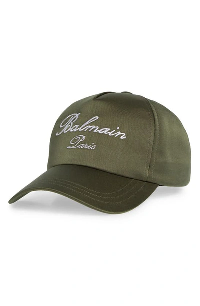 Balmain Logo Embroidered Satin Baseball Cap In Kaki