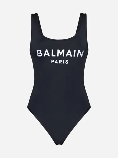 Balmain Logo One Piece Swimsuit In Blue