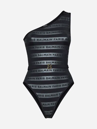 Balmain Logo-tape Stripe One-shoulder Swimsuit In Black