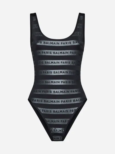 Balmain Logo-tape Stripe Swimsuit In Black