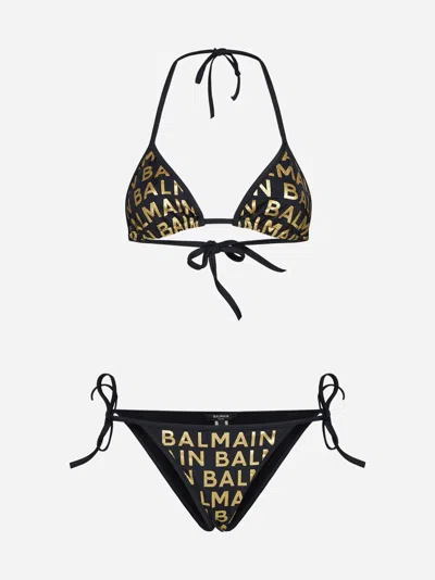 Balmain Logo-tape Triangle Bikini In Black,gold