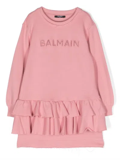 Balmain Kids' Logo-embroidered Ruffled Dress In Pink
