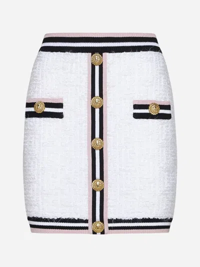 Balmain Monogram Boucle' Miniskirt In White,black,pink