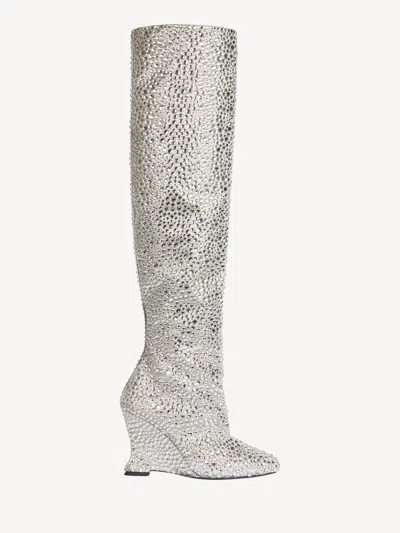 Balmain Overknee-stiefel Mit Keilabsatz Aus Satin Mit Kristallen In Gray