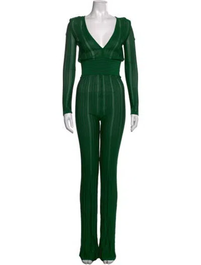 Pre-owned Balmain Striped V-neck Jumpsuit In Green