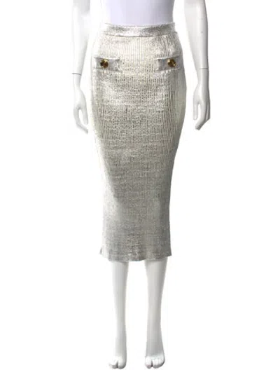 Pre-owned Balmain Virgin Wool Midi Length Skirt In Metallic/silver
