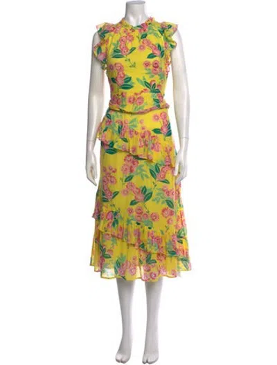 Pre-owned Banjanan Floral Print Midi Length Dress In Yellow