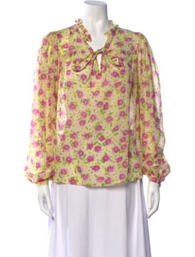 Pre-owned Banjanan Floral Print Tie Neck Blouse In Yellow