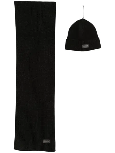 Barbour International Ribbed Knit Beanie And Scarf Set In Black