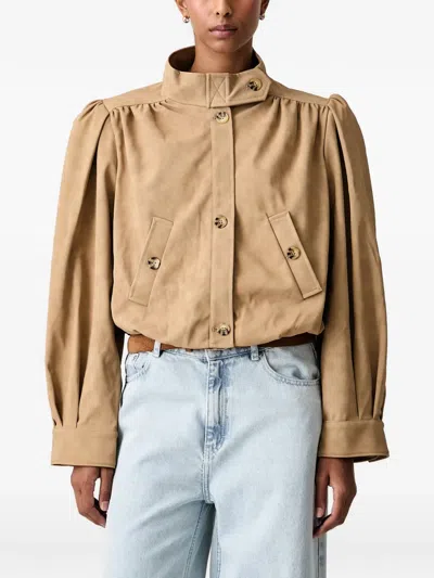 Bardot Faux Suede High Neck Balloon Sleeve Jacket In Brown