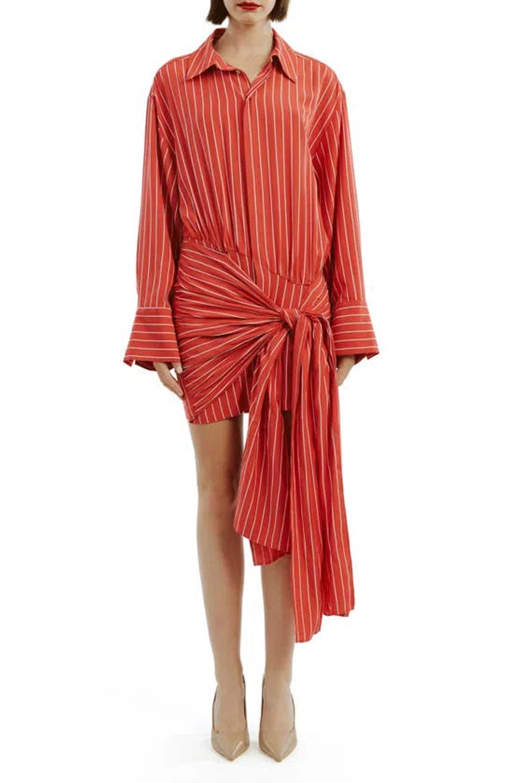 Bardot Malira Stripe Tie Long Sleeve Mini Shirtdress In White/ Red |  ModeSens