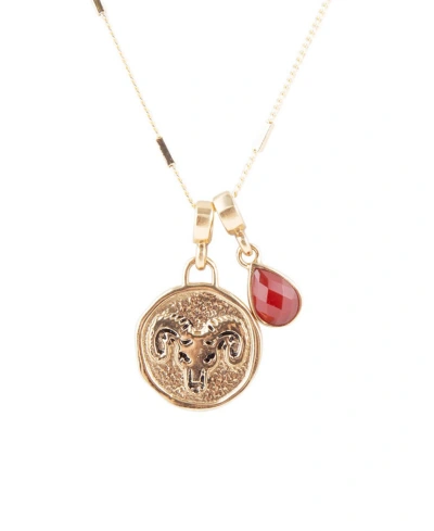 Barse Zodiac Coin Genuine Teardrop Charm Necklace In Aries-genuine Carnelian