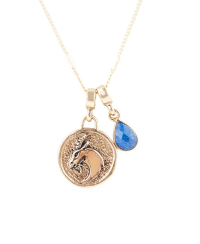 Barse Zodiac Coin Genuine Teardrop Charm Necklace In Capricorn-genuine Lapis