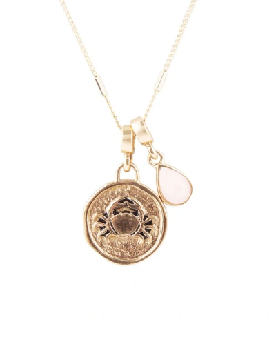 Barse Zodiac Coin Genuine Teardrop Charm Necklace In Cancer-genuine Pink Opal