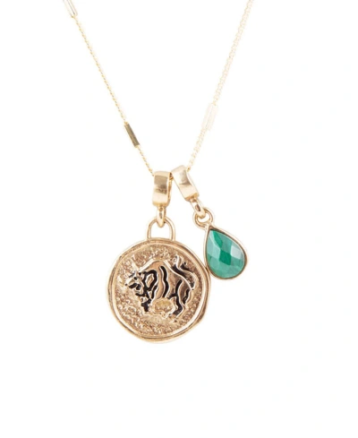 Barse Zodiac Coin Genuine Teardrop Charm Necklace In Taurus-genuine Malachite