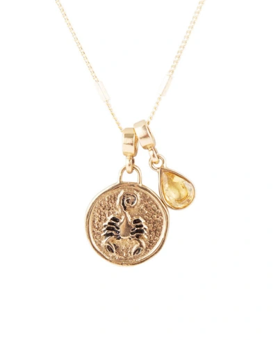 Barse Zodiac Coin Genuine Teardrop Charm Necklace In Scorpio-genuine Citrine