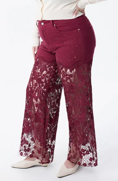 Bayeas Crystal Embellished Lace Wide Leg Jeans In Burgundy