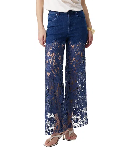 Bayeas Embroidery High Rise Wide Leg Lace Jeans With Rhinestone In Lagoon In Blue
