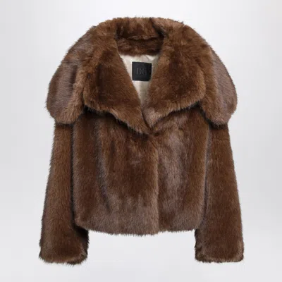 Bb Couture Barbra Mink-effect Faux Fur Jacket With Draped Wide Collar In Brown