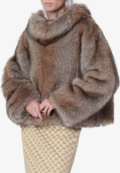 Bb Couture Brigitte Wolf-effect Faux Fur Funnel-neck Poncho In Brown