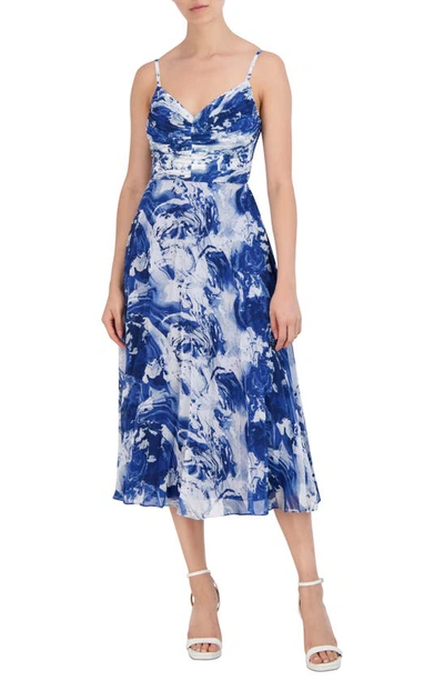 Bcbg New York Women's Printed Pleated Midi Dress In Marble Blue Swirl