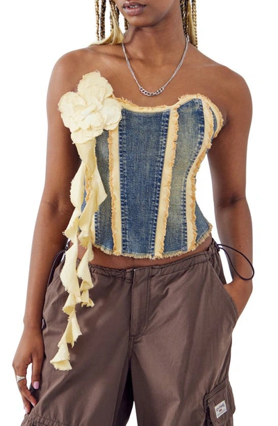 Bdg Urban Outfitters Rosette Ruffle Strapless Denim Corset Top In Dark Vintage