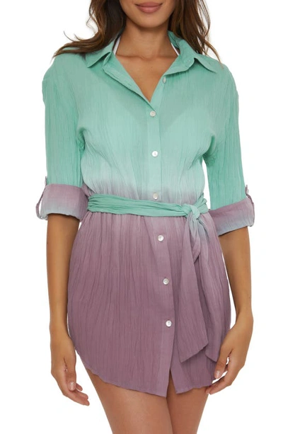 Becca Ombré Plissé Long Sleeve Tie Belt Cover-up Shirtdress In Mineral/ Fig