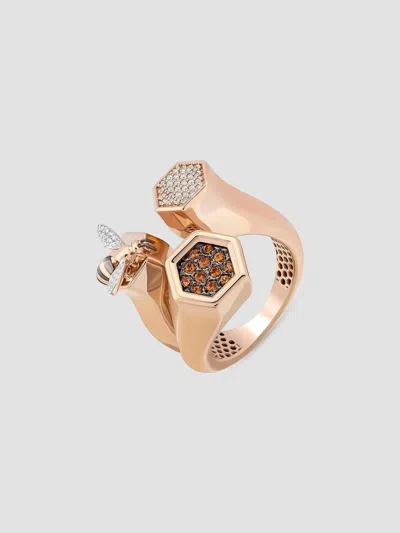 Bee Goddess Women's Honey 14k Rose Gold, 0.18 Tcw Diamond & Orange Sapphire Bee Ring