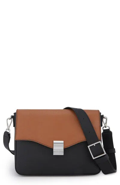 Behno Leather Slouchy Flap Crossbody Bag In Tan/black