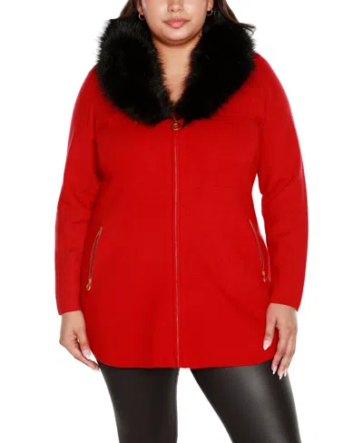 Belldini Black Label Plus Size Faux Fur Collar Cardigan In  Red,black