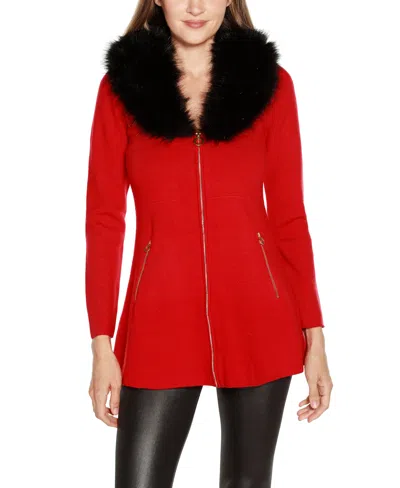 Belldini Women's Black Label Faux Fur Collar Cardigan Sweater In  Red,black