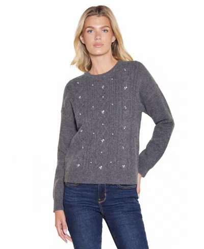 Belldini Women's Cable-knit Embellished Crewneck Pullover Sweater In Gray