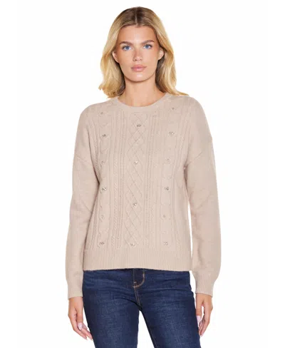 Belldini Women's Cable-knit Embellished Crewneck Pullover Sweater In Neutral
