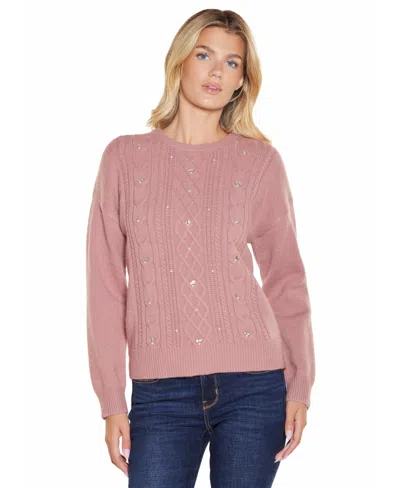 Belldini Women's Cable-knit Embellished Crewneck Pullover Sweater In Pink