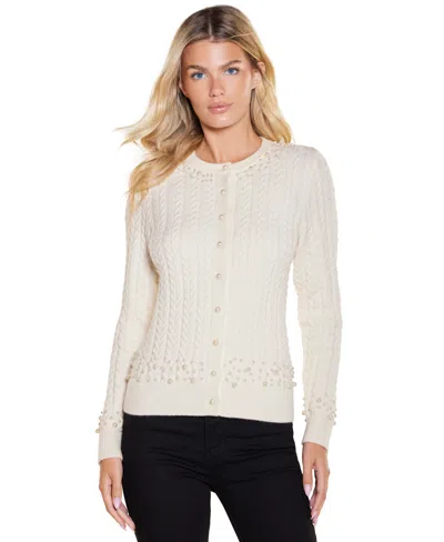 Belldini Women's Cable-knit Pearlized-embellished Cardigan In White
