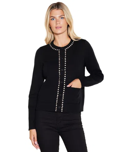 Belldini Women's Embellished Button-front Long-sleeve Cardigan In Black