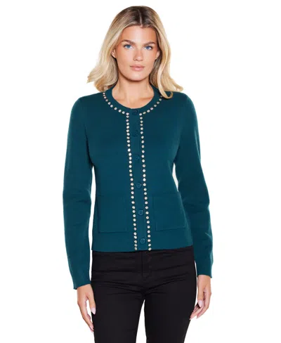 Belldini Women's Embellished Button-front Long-sleeve Cardigan In Blue