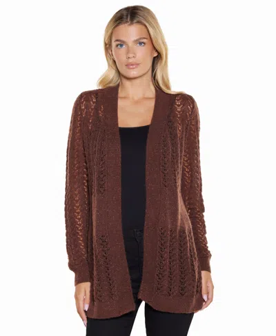Belldini Women's Metallic Pointelle Long-sleeve Cardigan In Brown