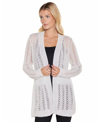 Belldini Women's Metallic Pointelle Long-sleeve Cardigan In White