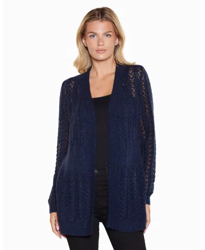 Belldini Women's Metallic Pointelle Long-sleeve Cardigan In Blue