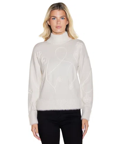 Belldini Women's Mock Neck Long-sleeve Soutache-detailing Sweater In White
